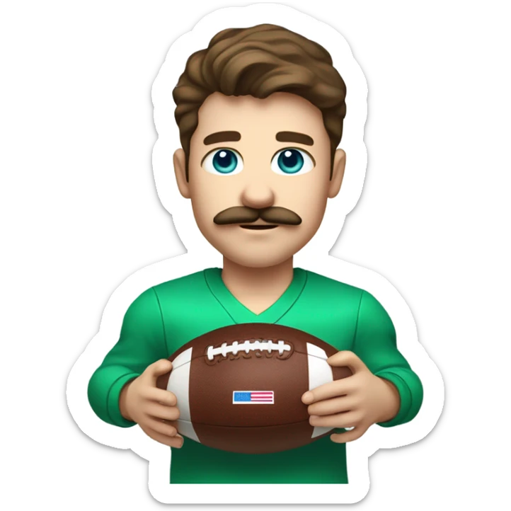 boy with brown hair and light blue eyes with a moustache. wearing a green shirt. holding an american football  sticker
