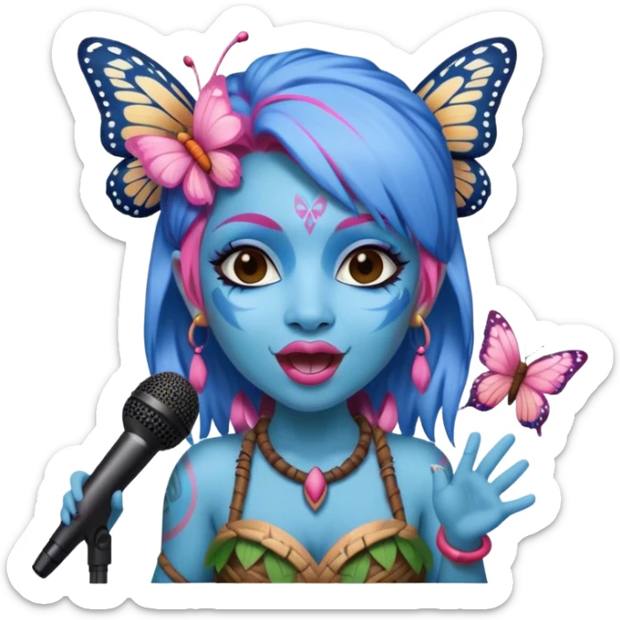 Pixar style Blue and pink tiki girl singing with butterfly and in the mikrophone sticker