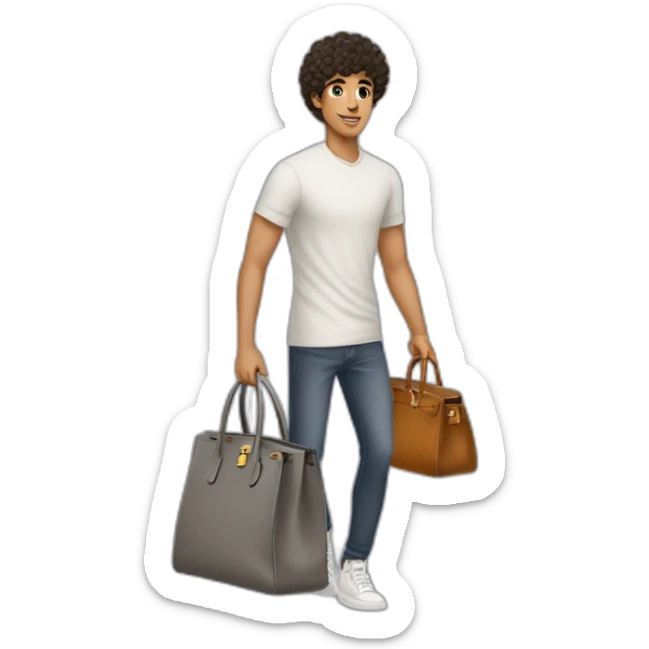 Handsome skinny latino with short curly hairs wearing a grey hermes Birkin bag sticker