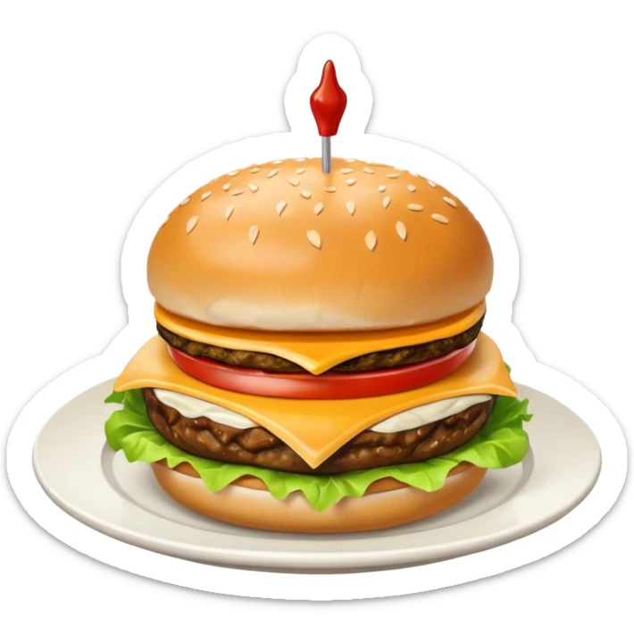 i want a Cheeseburger and Fries with a angle to 15–20° gentle bird’s-eye angle with 2white and red Sause on white plate  sticker