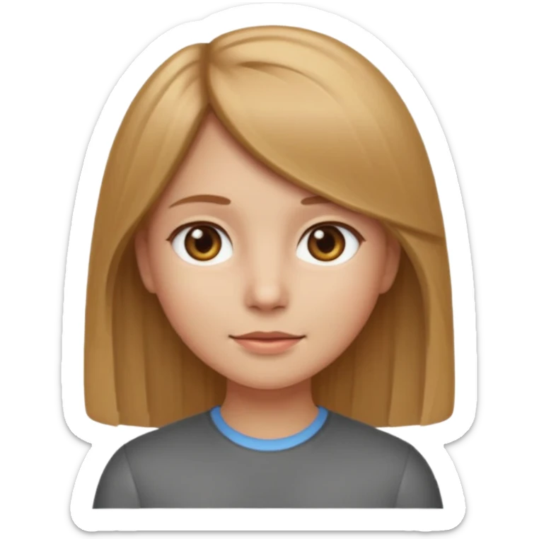 apple style emoji of a girl with light brown (русые) hair, 1A-1B straight hair texture, greyish eyes sticker
