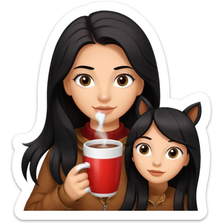 Tanned Girl with lashes , bright black long hair, in an extremely big fluffy brown mustang, and drinking hot chocolate drink sticker