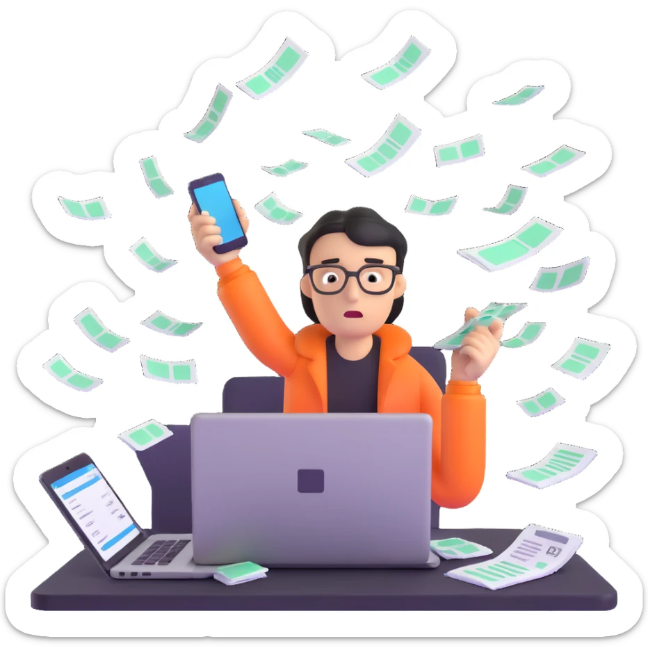 person holding a phone in one hand, laptop open in front, storm of receipts, invoices, and reminders swirling around, multitasking chaos sticker