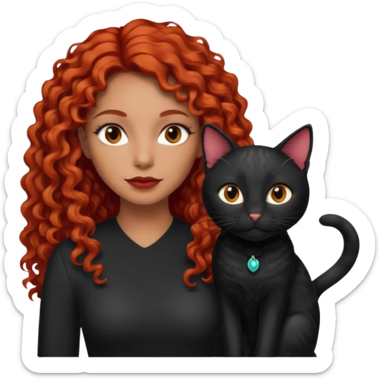 woman light brown skin long red curly hair with black cat sticker