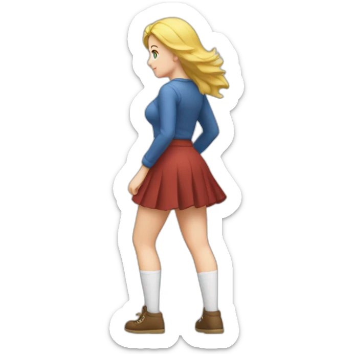 full body back view curvy caucasian beauty in small skirt lifted by strong wind butt white socks sticker
