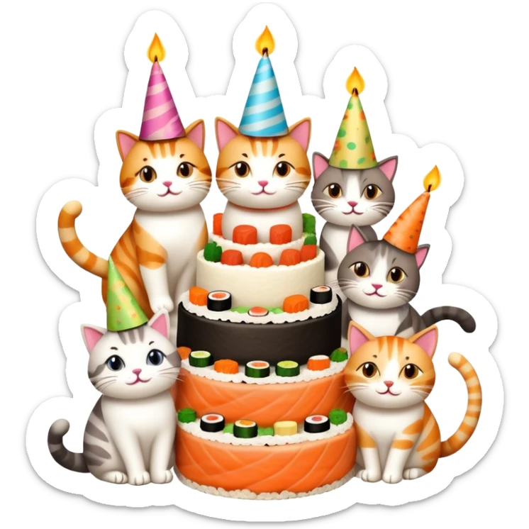 six happy cats wearing party hats celebrating a birthday party around a large cake made entirely of sushi with a candle on top sticker