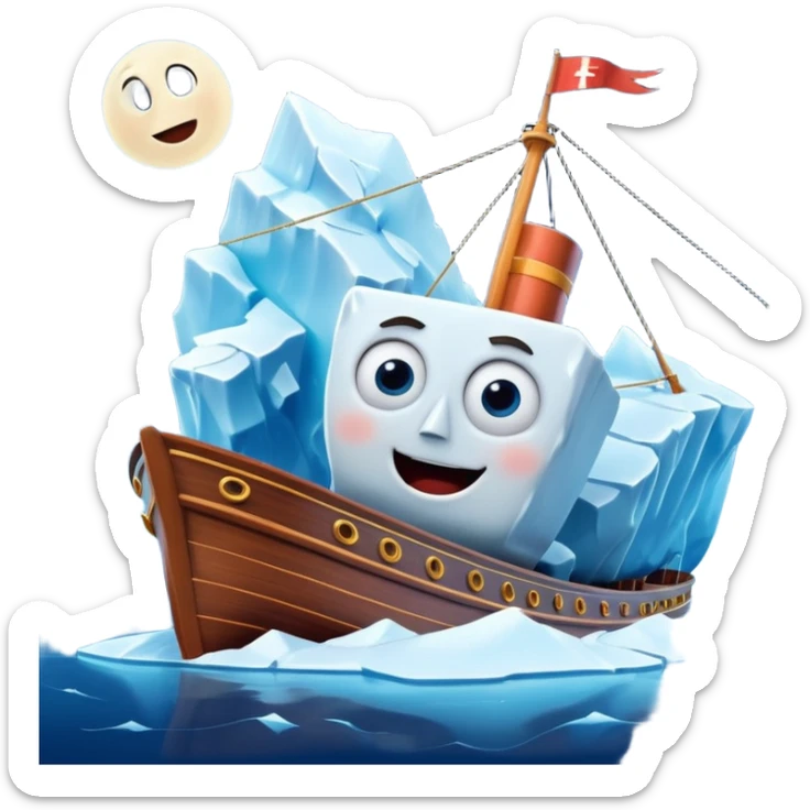 Apple Memoji style: cartoon Titanic ship with big shocked eyes, open mouth, sailing toward a giant smiling iceberg with a mischievous look, glossy icy white-blue, Pixar-level 3D, cartoon realism, calm dark blue sea, moonlit sky, vivid colors, soft shadows, glossy finish. sticker