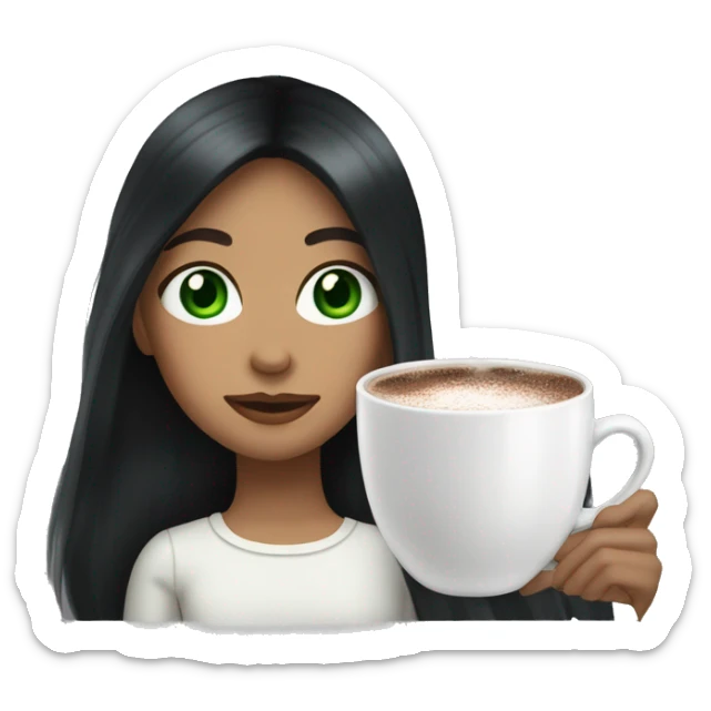 Girl with long black hair and green eyes, wearing white with a cup of hot chocolate  sticker