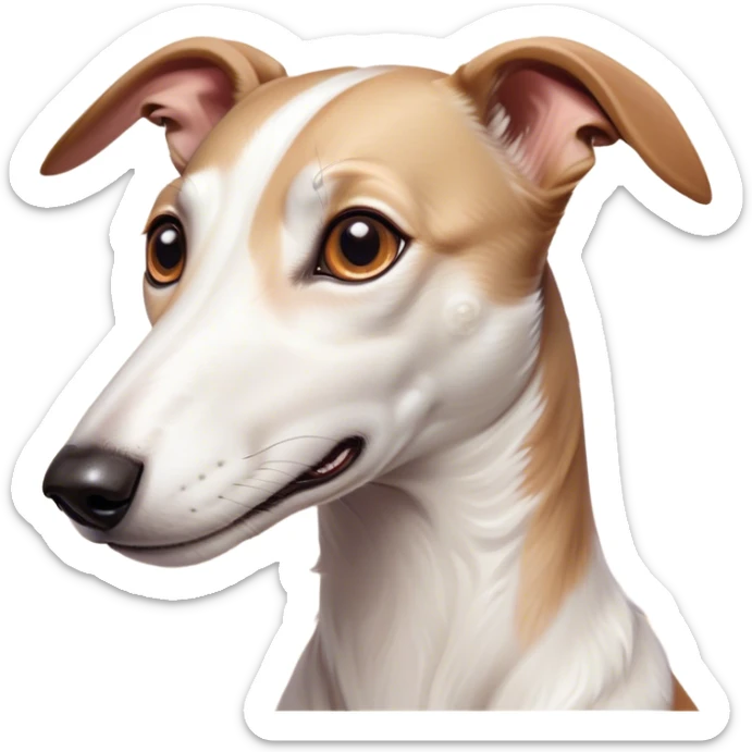 Cinematic Cute White and Brown Greyhound Portrait Emoji, Head tilted playfully and inquisitively, featuring a smooth white Fur with vibrant brown accents and round, sparkling eyes filled with curiosity, Simplified yet irresistibly adorable features, highly detailed, glowing with a warm, friendly glow, high shine, affectionate and nimble, stylized with a touch of whimsy, bright and endearing, soft glowing outline, capturing the essence of a mischievous yet loving racer, so playful it feels like it could sprint out of the screen and into your arms! sticker