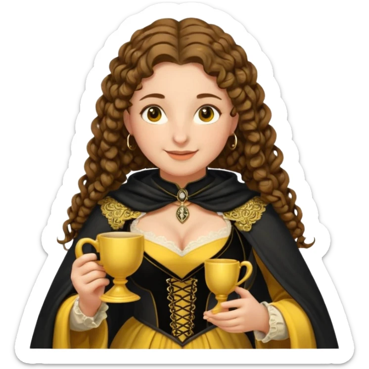 Helga Hufflepuff, brown-haired, 2 curly thick brown braids, yellow-black medieval dress, black cloak decorated with gold lace, tiny two-handled shiny yellow-gold cup, very kind smile, curvy busty sweet woman, thick rosy cheeks sticker
