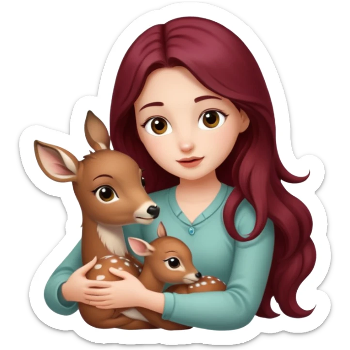 Beautiful burgundy long haired girl petting baby deer sticker