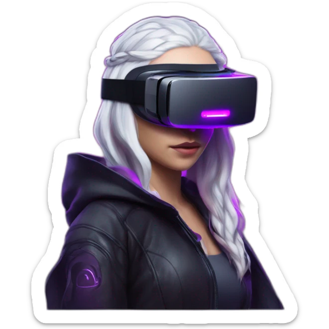 Daenerys Targaryen wearing a black hoodie with "OMG" letters on it and VR headset in a cyberpunk VR environment with violet neon lighting. sticker