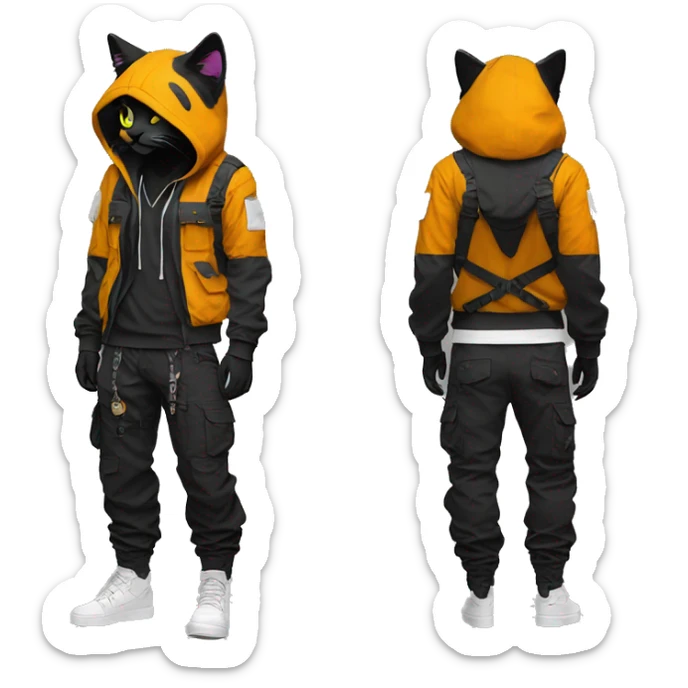 Edgy Anthro cool pretty colorful dark cat-fursona techwear cargo pants hoodie sticker