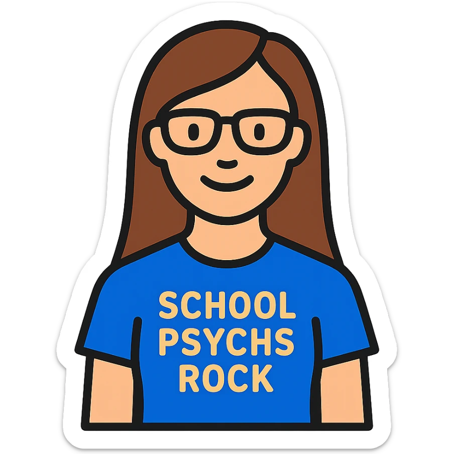Create a color outline icon of this person wearing a t-shirt that says 'school psychs rock'. The style should be friendly and approachable with clear text and a modern icon style. sticker