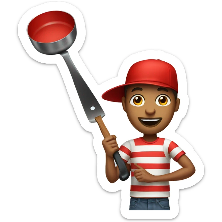 a guy in a striped T-shirt and a red hat is holding a frying pan sticker
