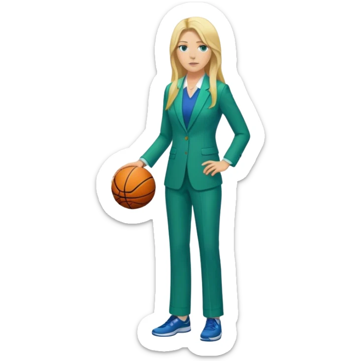 Full Body white female basketball head coach with long blonde hair in a blue and green suit sticker