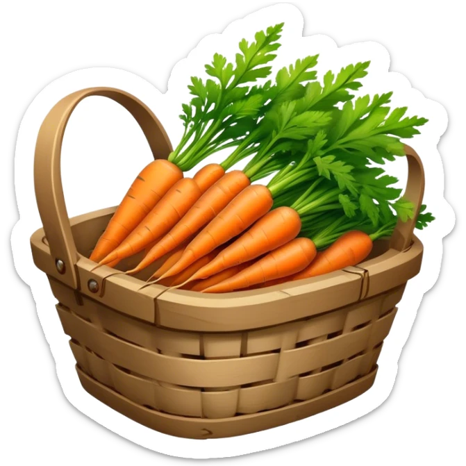 Cinematic vibrant orange carrot, crisp and fresh, slightly twisted with green leafy tops, arranged in a rustic wooden basket, natural and inviting. sticker