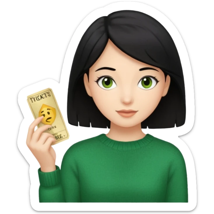 A girl with a single tuft of black hair, brown eyes, a green sweater, and theater tickets in her hands sticker