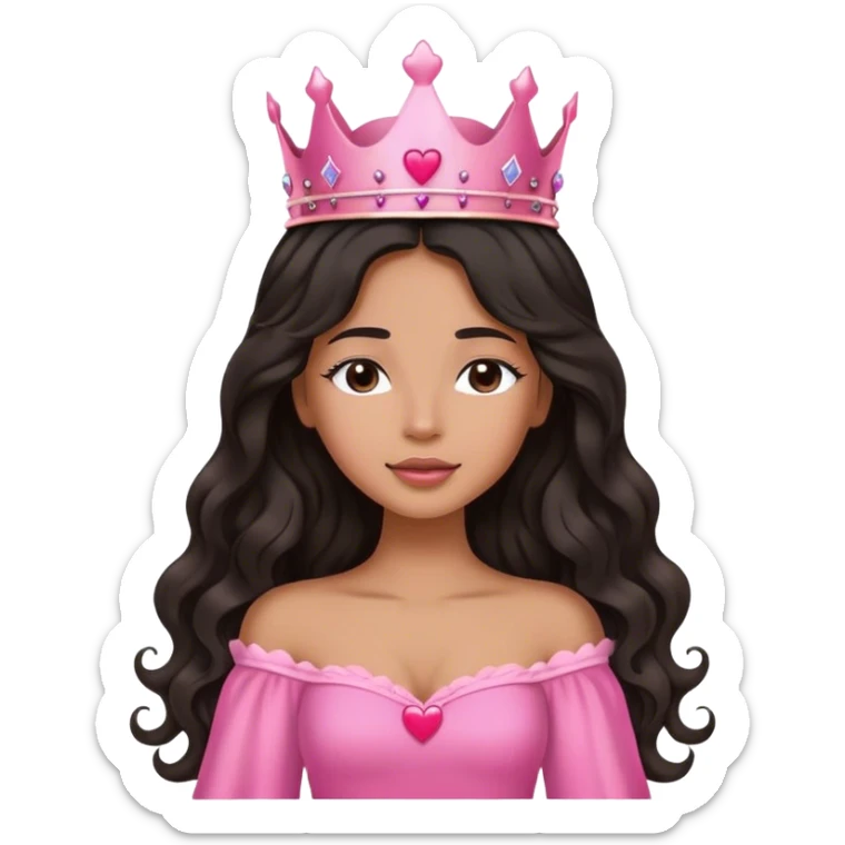 Very tanned princess, with long black wavy hair and a crown, a pink princess Outfit. In love with hearts. With Closed Eyes. sticker