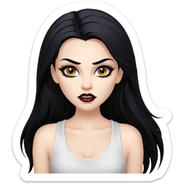 White woman with a white tank top long black hair glossy middle part long hair vamp look with fangs brown eyes eyeliner winged with lashes top and bottom white border big lips black eyebrows sticker