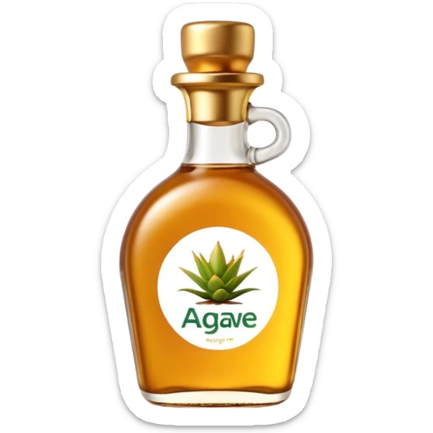 small clear bottle of agave syrup, golden-amber, smooth and honey-like, curved shape, gold or green flip-top cap, minimal label, no text, 3D-rendered, minimal, soft shadows, transparent background, emoji scale sticker