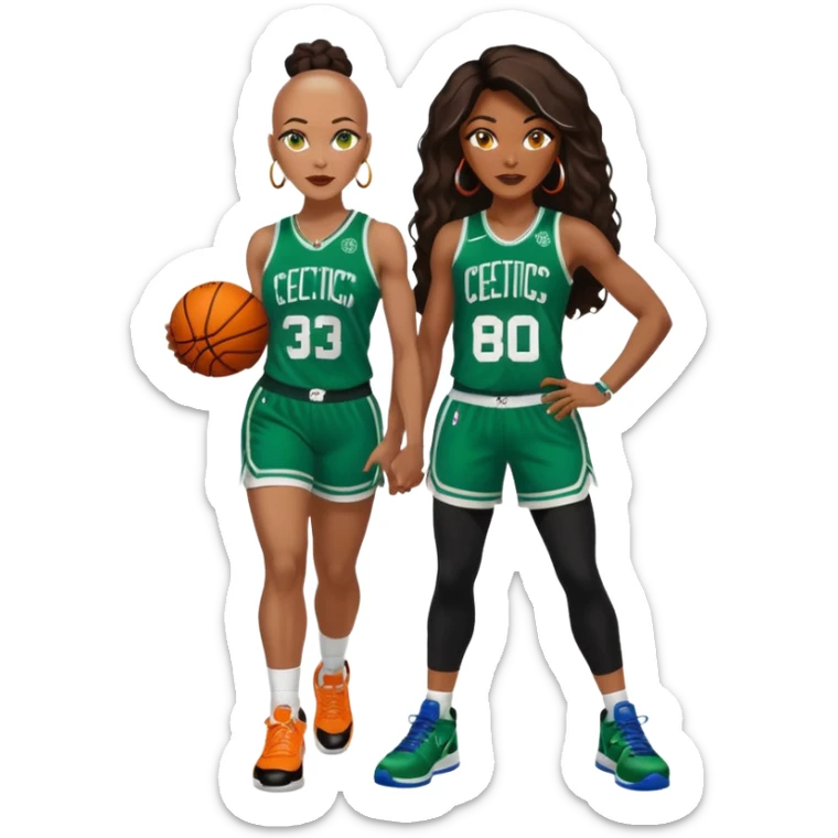 48-year-old black woman with brown eyes, long dark brown balayage hair dressed in sexy 
celtics jersey costume outfit with stilettos. A bald white man with orange beard, blue eyes, wearing a Jason Tatum Boston Celtics Jersey, matching Nike sneakers  sticker