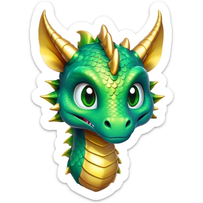Cinematic Cute Dragon Portrait Emoji, Head tilted playfully and inquisitively, featuring a sleek, serpentine form adorned with iridescent scales that shift between emerald and gold, a delicate set of subtle horns, and round, sparkling eyes full of curious magic; rendered with realistic detail and warm natural light, high shine, affectionate and enchanting, styled with a touch of whimsical fantasy, soft glowing outline, capturing the essence of a mischievous yet lovable dragon that seems poised to slither playfully into your arms! sticker