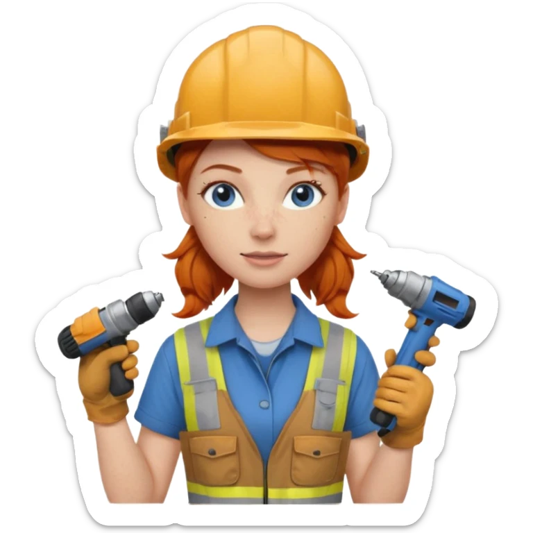 A ginger haired girl blue eyes, handyman Outfit, wearing a Helmet, with drill sticker