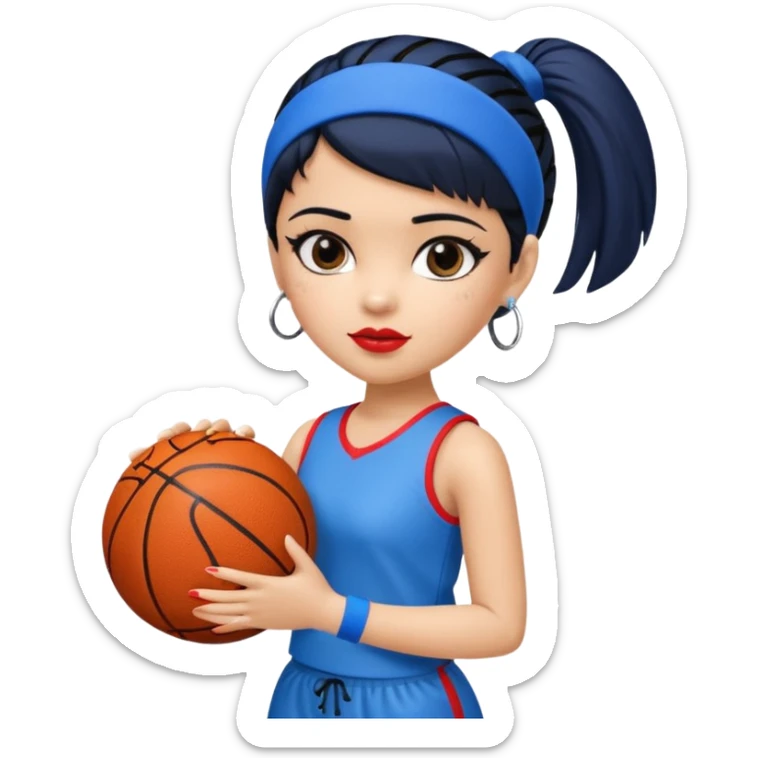 generate a pretty bratz that looks like Kajol- bollywood actress
 Wearing a blue zipper with short blackhair and a blue hairband. Carrying a basketball sticker