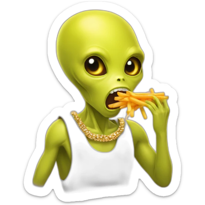 a yellow alien with gold jewelry eating carrots and french fries sticker
