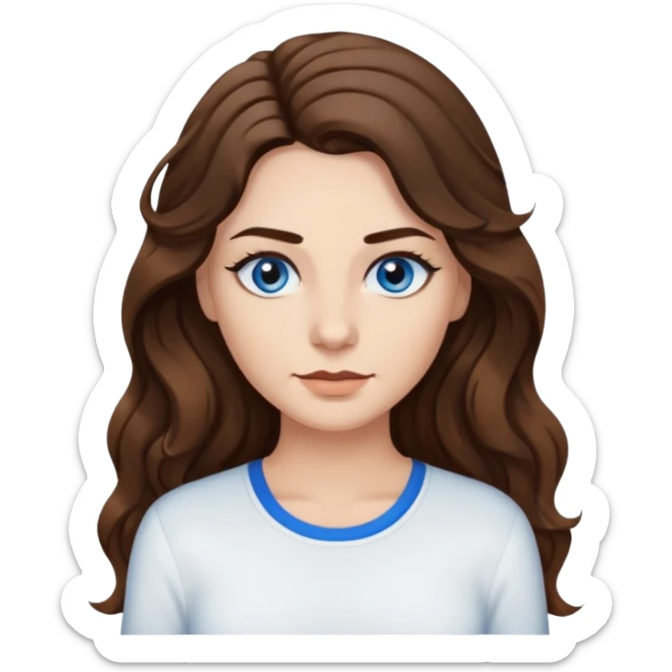 Woman with very long wavy brown hair, blue eyes,long black eyelashes and thick dark brown eyebrows wearing white long sleeved shirt sticker
