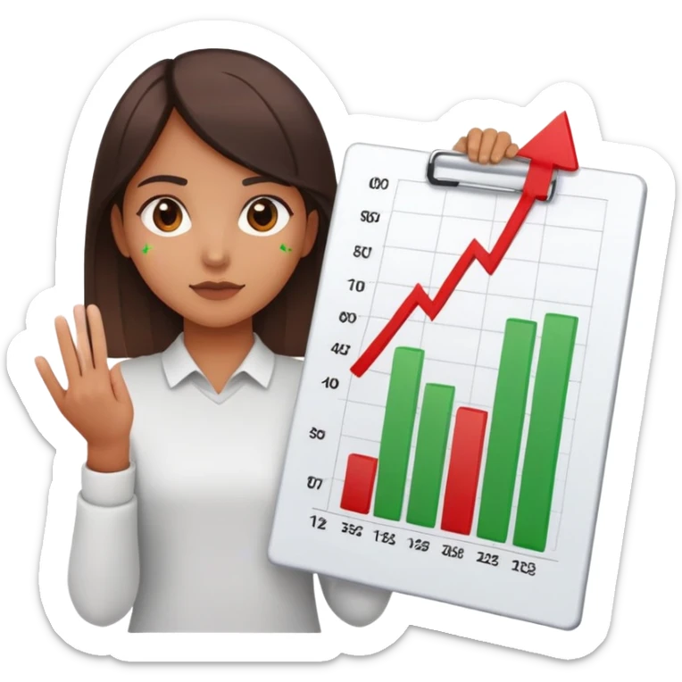 Girl holding chart with rising green graph line in right hand and holding another chart with falling red graph line in left hand sticker