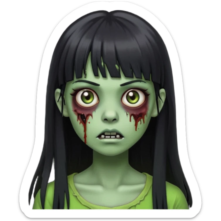 Zombie emoji girl, light green skin, black straight long hair with bangs sticker