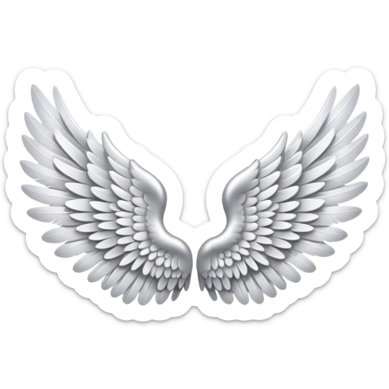 A pair of luxurious, highly detailed angel wings in silver-white color. Fluffy feathers, soft lighting, elegant and symmetrical. Inspired by the Victoria’s Secret Angel wings. Transparent background. High quality emoji style. sticker