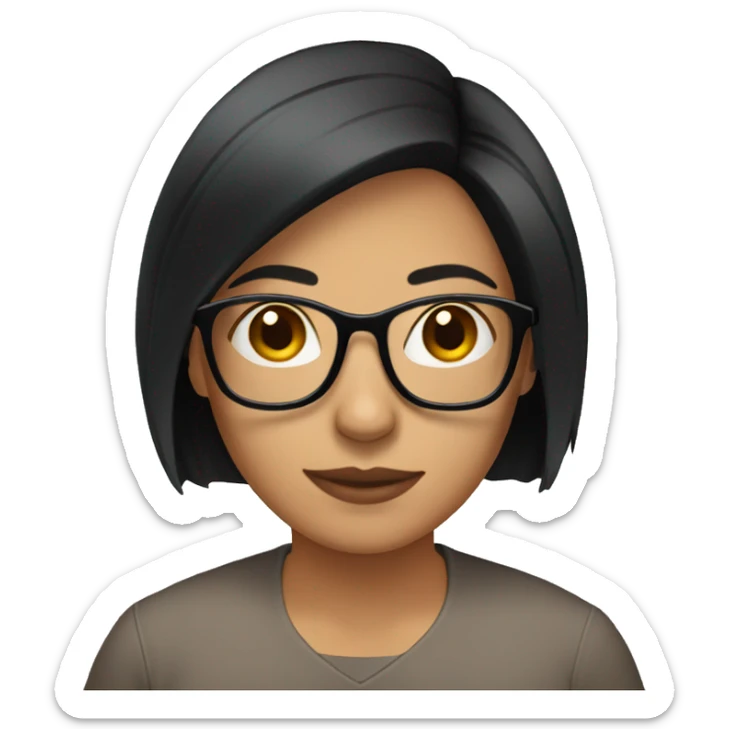 Hispanic woman with short straight black hair to her shoulders and glasses sticker