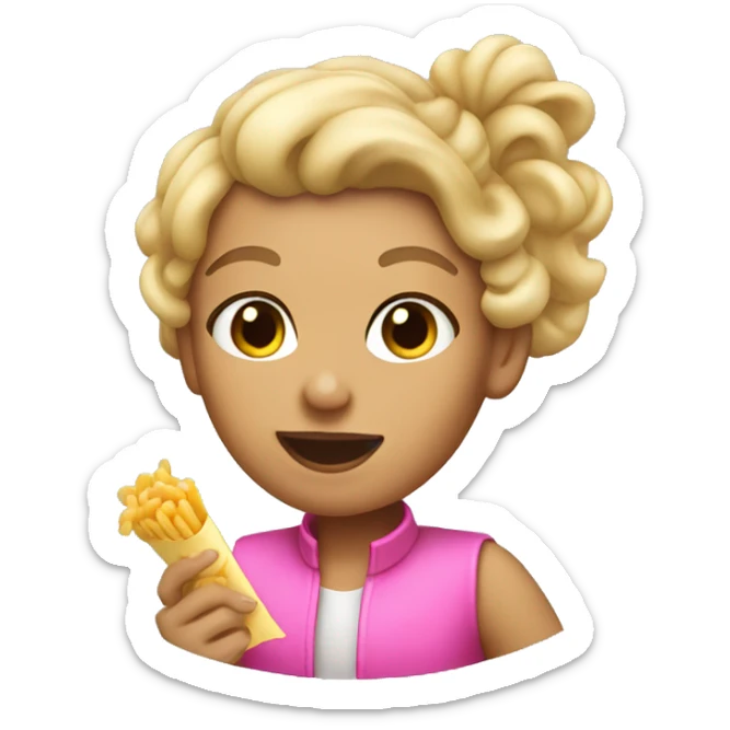 Tan girl with blonde hair  with hee hair up in a pink vest eating macaroni  sticker