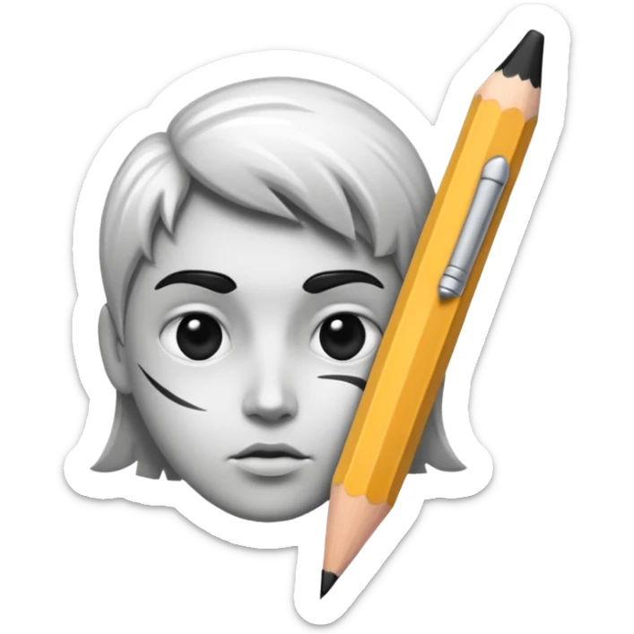 Create a black-and-white icon showing the process of cartooning: a pencil sketching an exaggerated face, with ink pen details and pencil smudges. Use clean lines and shading. Transparent background. sticker