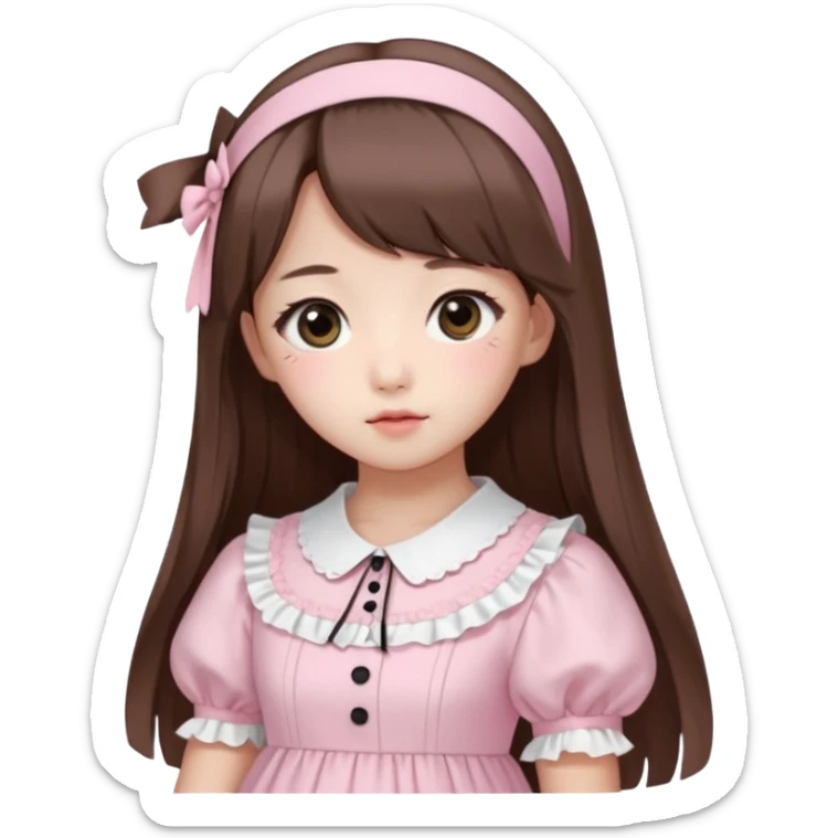 She has fair skin, is Korean, has long straight brown hair, slanted black eyes, with a very Kawaii baby pink lolita dress.  sticker