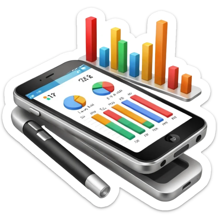 Photorealistic emoji of a compact device (handheld scanner) made of matte metal and glass. The bright, slightly reflective screen shows small colored bar charts/heatmap icons and language codes (EN, DE, 中文, العربية) plus a tiny analytics chart.  sticker