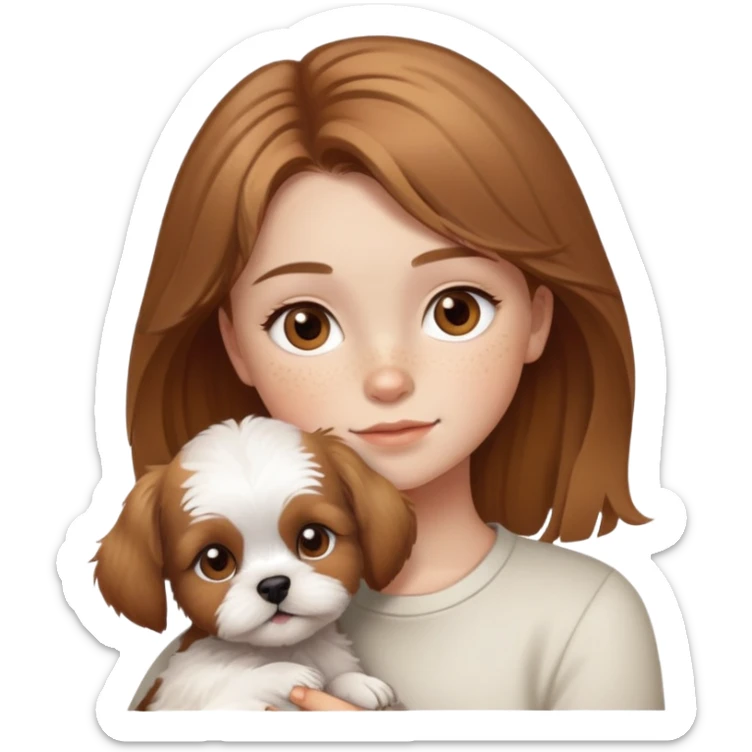 Young girl with light brown hair hazel eyes and freckles with her shitzu puppy sticker