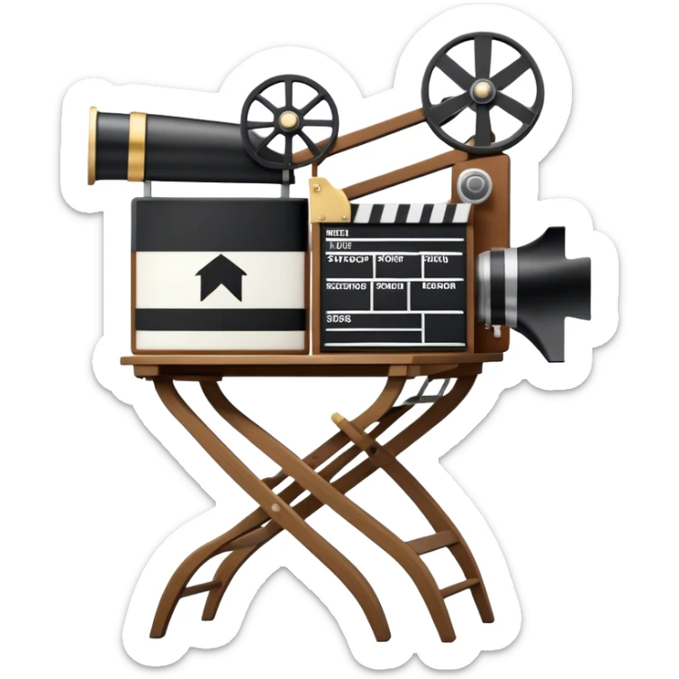 Icon for Directing: a director's chair, a film clapperboard, large movie camera, vintage megaphone and a stage with a spotlight. The icon should represent the creative and organizational aspects of directing, with focus on storytelling, staging, and performance. Transparent background. sticker