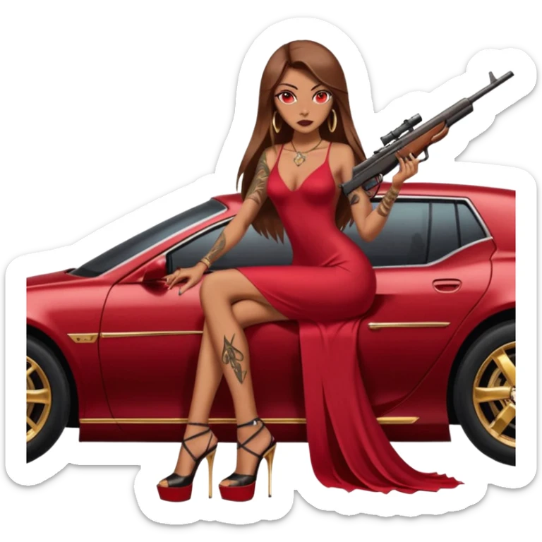Lilith tan skinfemale red eyes symbol. Tattoo arms. Her hair is brown straight long hair.wearing sexy long ruby covered dress with slit. black stiletto thick platform high heels shoes on. Sitting on gold giant luxury car with cash on her. She is holding a sniper rifle in one hand cash in other hand sticker