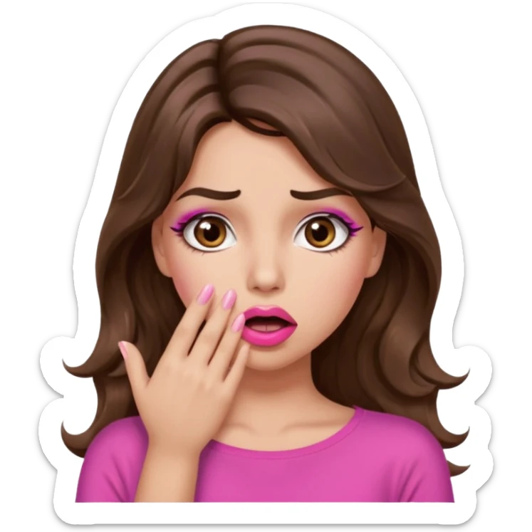 girl with long wavy brown hair, brown eyes, long lashes makeup, sexy pink lips, light to medium complexion, pink sexy top, shocked, hand covering mouth sticker