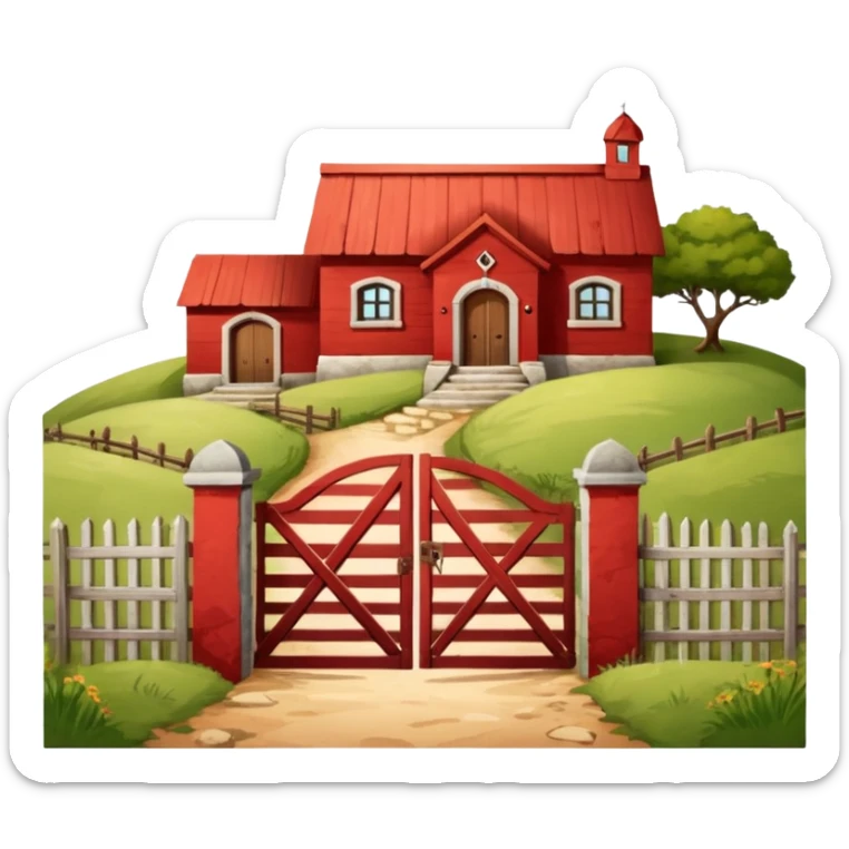 A fenced red house on a small hill with a large entrance gate bearing the inscription “Gosteli Archive,” with a farmhouse in the background. sticker