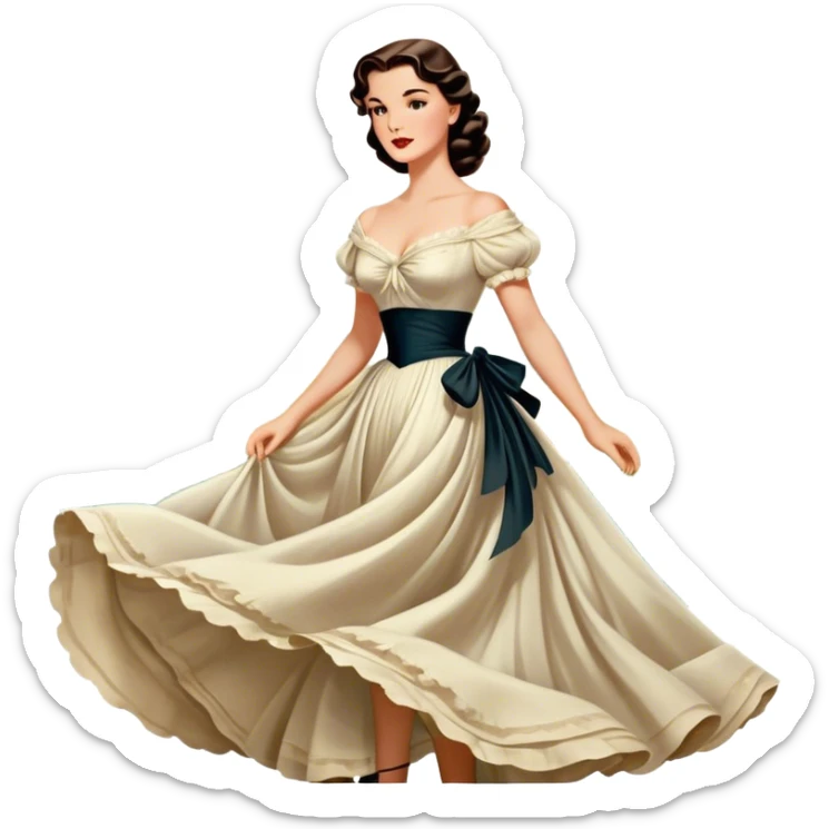 Icon for Romance Movie: A vintage movie poster-style design inspired by Gone with the Wind. Include romantic, sweeping imagery like Scarlett O'Hara in a flowing dress, Rhett Butler, a plantation backdrop, and fluttering wind-blown fabric. Soft, nostalgic cinematic feel. Transparent background. sticker