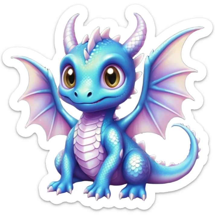 Airbrush painted image of an adorable little baby dragon with large glistening eyes under a deep galactic sky with pearlescent scales and wings spread against the stars sticker