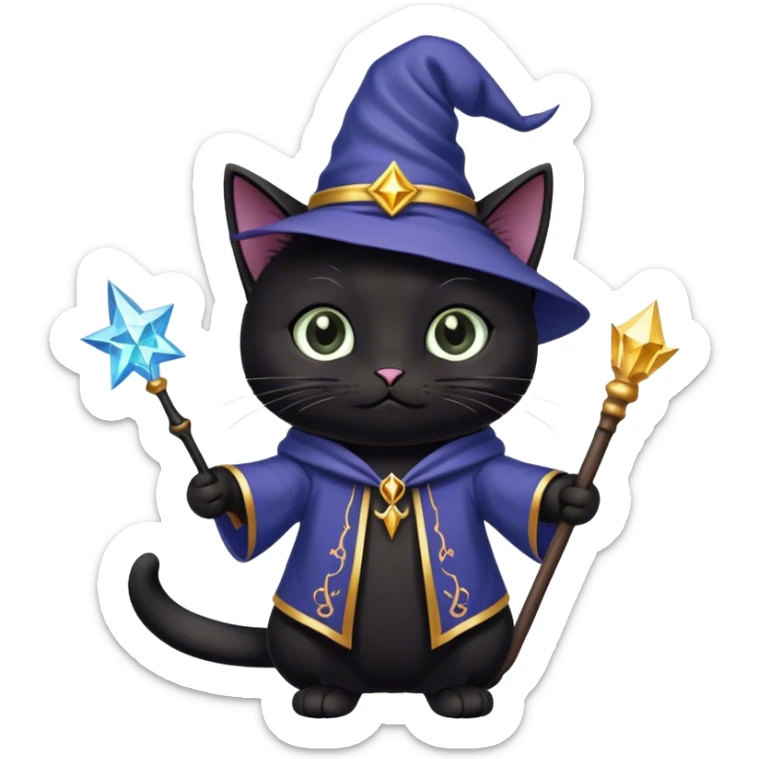 gatito negro con ropa de mago y varita mágica, ojos tiernos. sticker