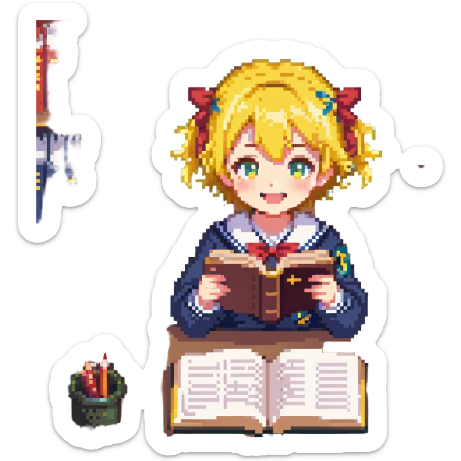 Pixel art anime girl with short bright yellow hair wearing Japanese sailor style school uniform, sitting at desk reading book but with excited smile, energetic studying pose sticker