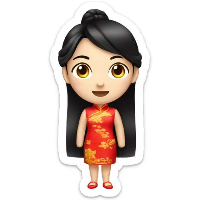 A beautiful Chinese girl with black hair, wearing a red cheongsam, in emoji style. sticker