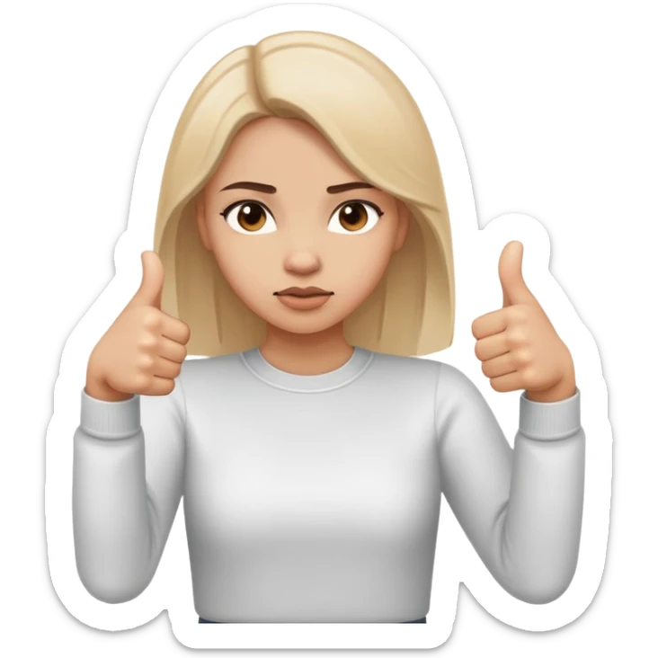 Girl showing conflicting opinions with one hand giving definite thumbs up and other hand giving definite thumbs down, uncertain facial expression sticker